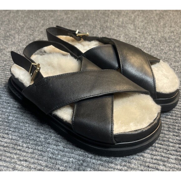Alohas Women Size 38 (US 7.5) Sandals Sherpa Marshmallow Strap Black Leather NEW - Picture 1 of 10